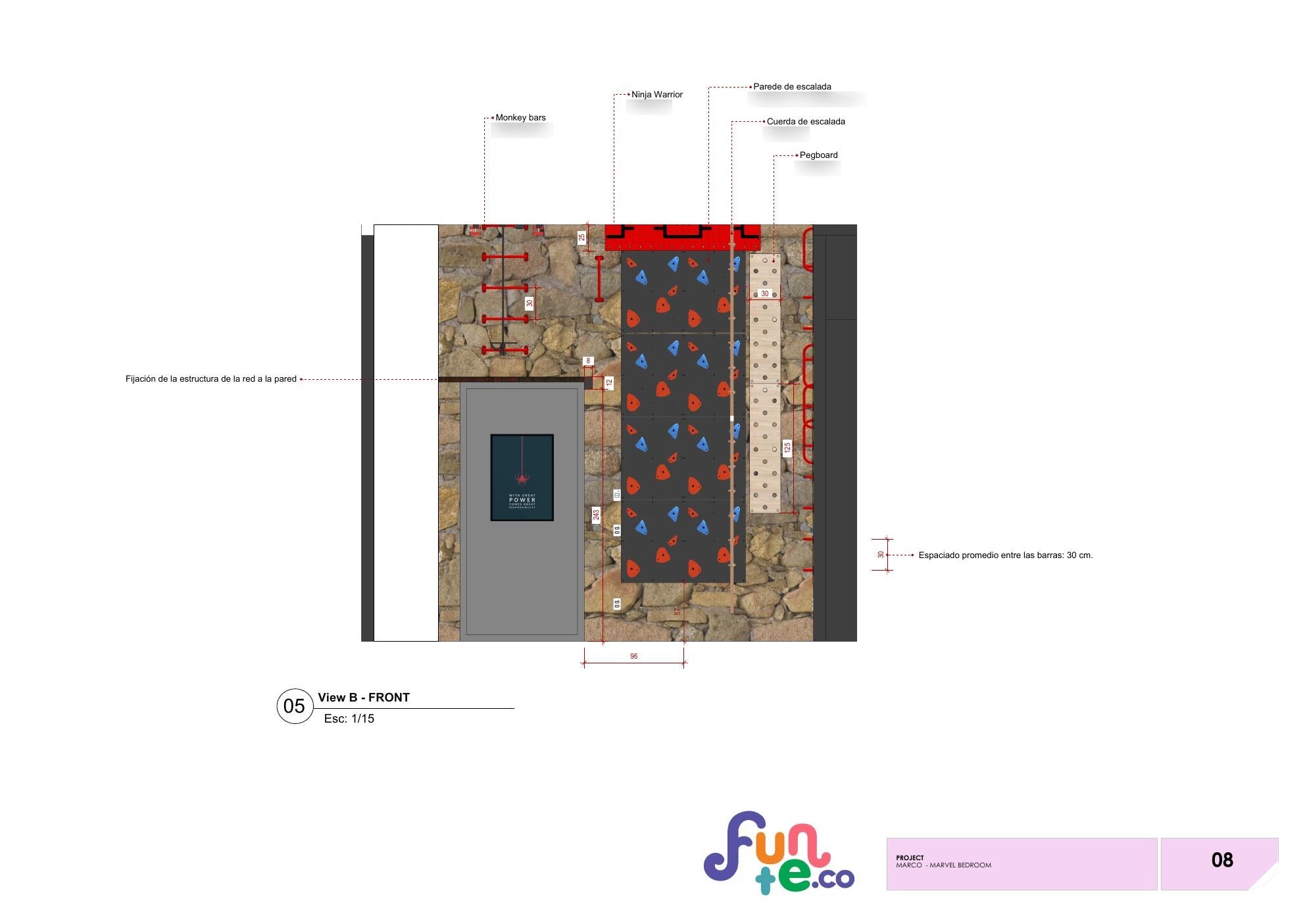 A Funte wall elevation from Marco's set: the climbing wall drawn flat and to scale against the natural stone, with the monkey bars, ninja warrior rig, climbing rope and pegboard each labelled with a leader line, heights dimensioned in centimetres, and a note giving the average spacing between the bars as 30 centimetres.