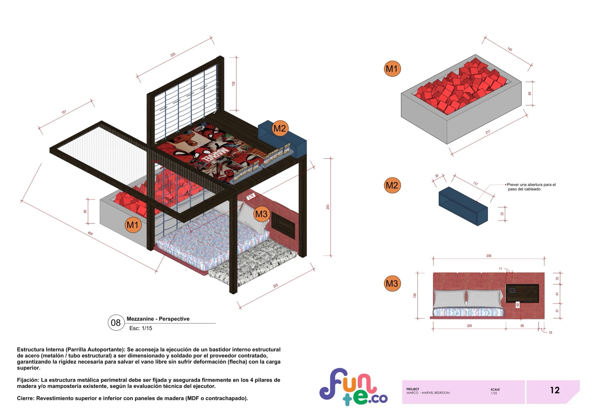 A Funte millwork drawing from Marco's set: the mezzanine bed in exploded perspective with every dimension in centimetres, three component details labelled M1, M2 and M3, and a written note to the fabricator about the internal steel frame.