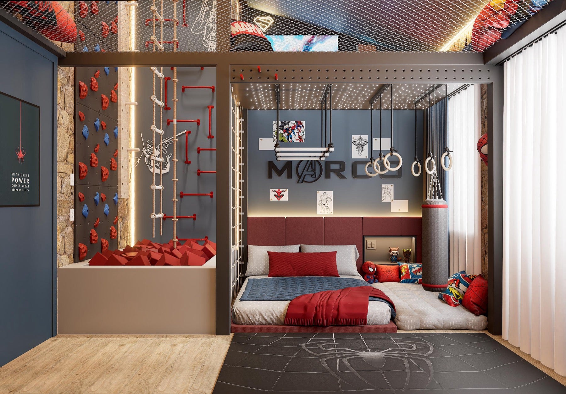 Marco's room in one wide Funte render: the climbing wall and foam pit on the left, his name spelled out over the bed, gymnastic rings and a punching bag on the right, and the climbing holds and cargo net across the ceiling.