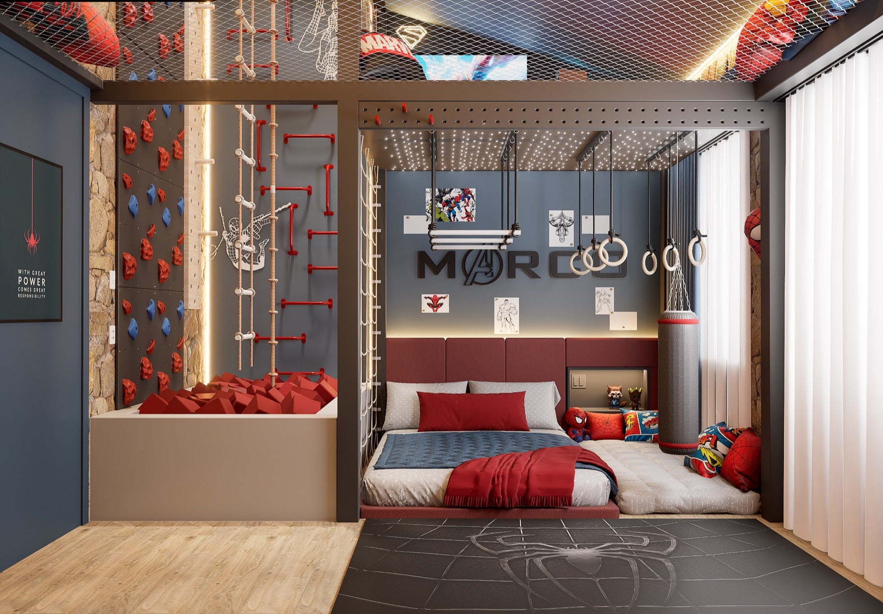 Marco's room seen straight on: a climbing wall of red and blue holds on a natural stone wall with rope ladders and red wall bars beside it, a foam pit full of red blocks below, a punch bag and gymnastic rings hanging on the right, his name in cut letters over the bed, a starlight ceiling, a floor mattress for friends and a rope net across the mezzanine opening above.