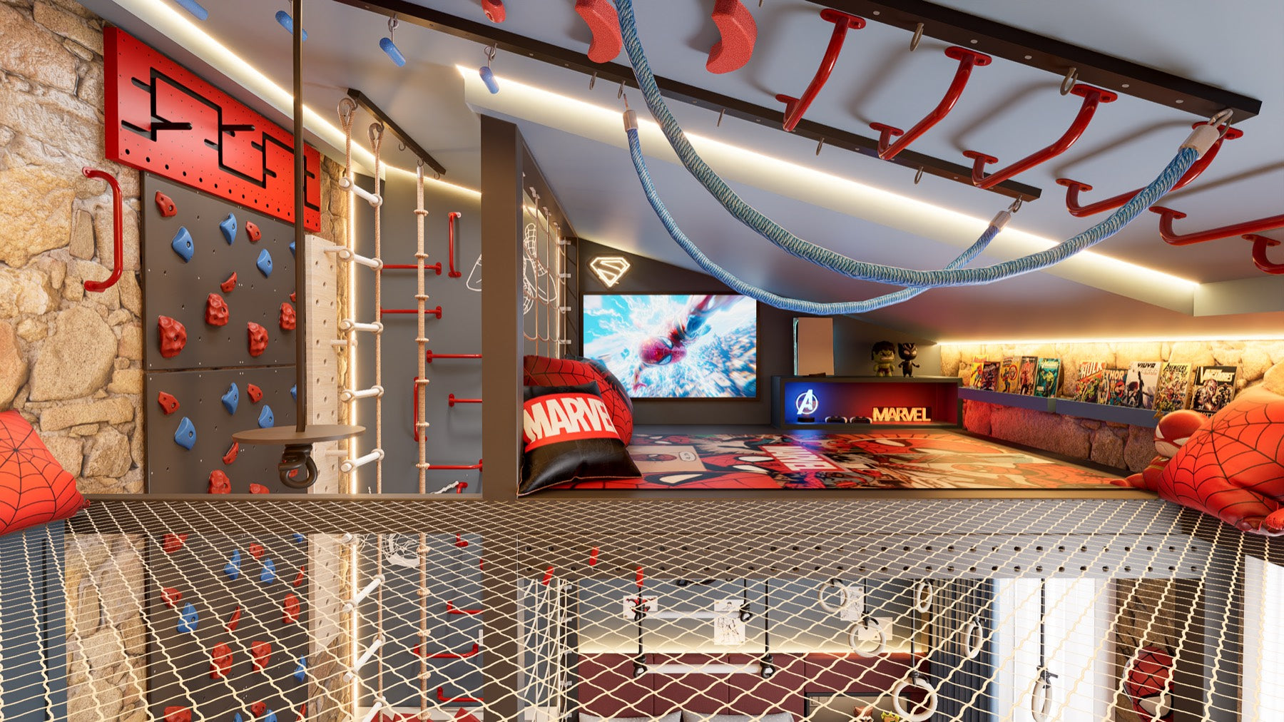 Marco's room seen from the mezzanine, with a climbing wall, a rope ladder, monkey bars across the ceiling and a net floor