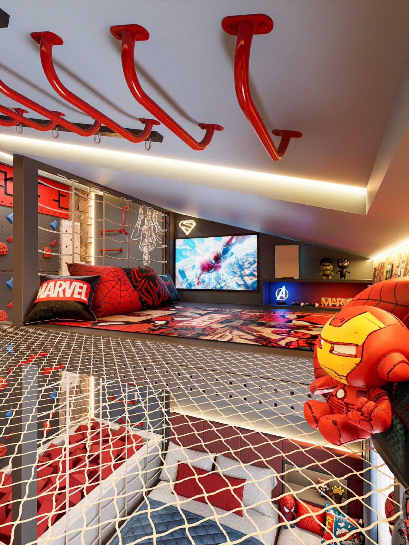 A boy's room on two levels: red monkey bars and a ninja rig fixed to the sloping ceiling, a rope net stretched across the mezzanine opening, a raised platform with a screen and Marvel cushions above, and a foam pit of red blocks beside the bed below.