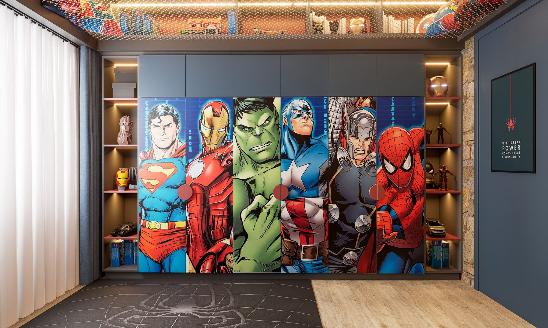The six sliding wardrobe doors in Marco's room, each carrying a full height comic panel of a different hero, with lit display shelves down both sides holding helmets, figures and books, and a spider graphic set into the dark floor tiles in front.