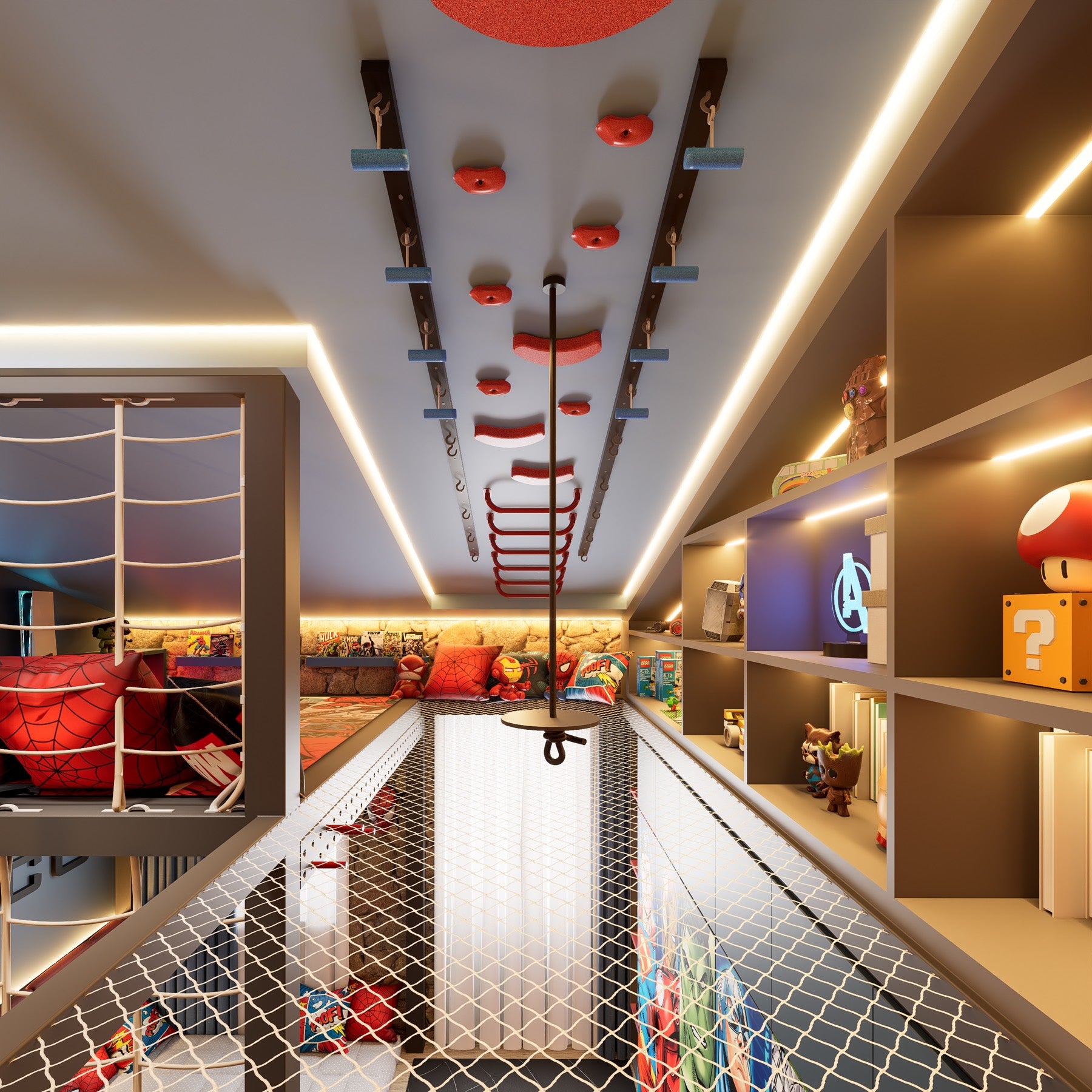 The view from the mezzanine of a boy's room: a rope net floor stretched across the opening, a climbing rig of red and blue rungs and holds running along the sloping ceiling with a pole and ladder hanging from it, and open shelves down the right side holding Marvel figures, a Super Mario block and comics.