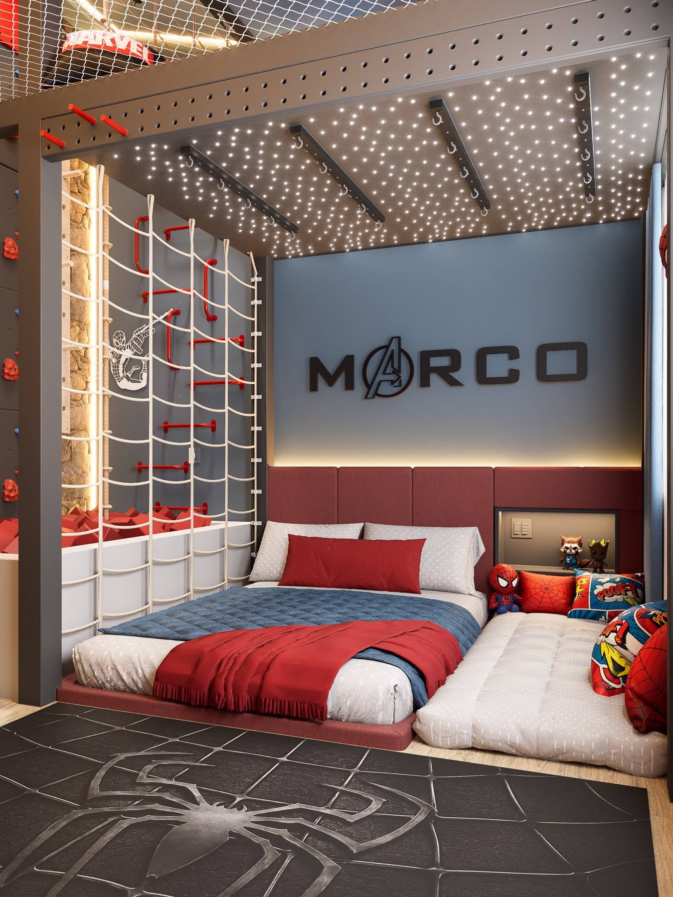 Marco's room in the final render: his name in cut metal letters with the Avengers A, a starlight ceiling above it, a climbing wall of red and blue holds beside a foam pit of red blocks, a queen bed and a floor mattress for friends, and a rope net across the mezzanine opening overhead.