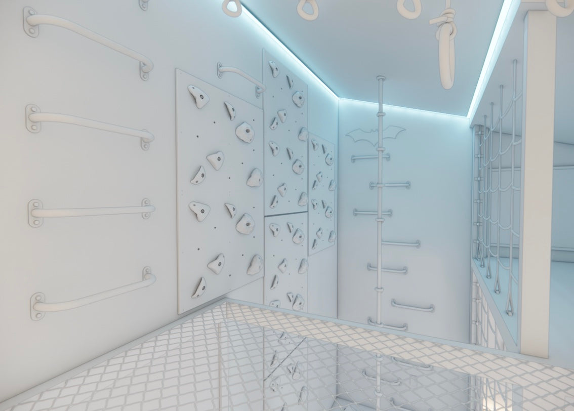 Marco's climbing wall as a clay model, before any colour: wall bars down one side, two panels of climbing holds, a rope ladder, gymnastic rings hanging from the ceiling and the safety net across the mezzanine opening, all in white.
