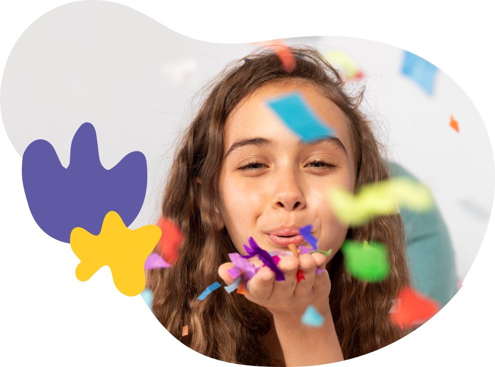 A girl blowing a handful of coloured confetti towards you, cut out on a purple and yellow Funte shape.