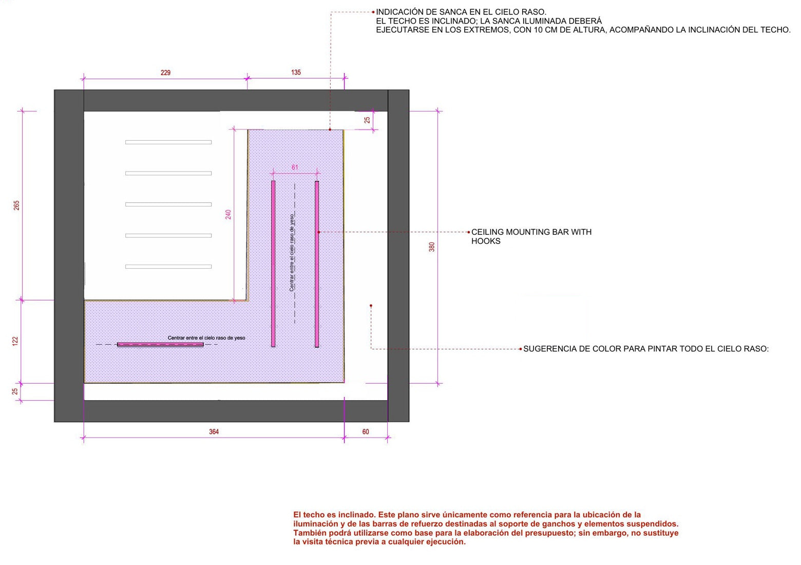 A Funte electrical and ceiling sheet from Marco's set: the plasterboard ceiling dimensioned in centimetres, the sequential LED strip runs and the ceiling mounting bar with hooks marked in position, and a note that the sloped ceiling needs the lit cove built at the ends.