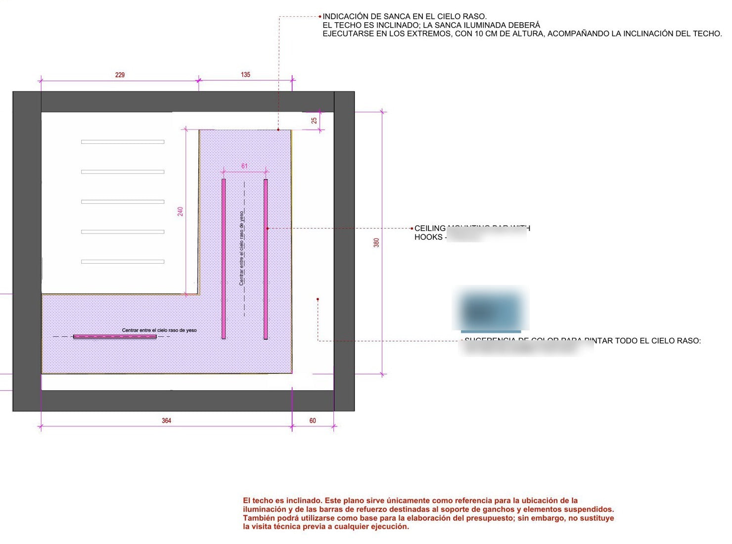 A Funte ceiling plan from Marco's set: the plasterboard ceiling dimensioned, the sequential LED strip runs and the ceiling mounting bar with hooks marked in position, and the ceiling paint specified by colour code.