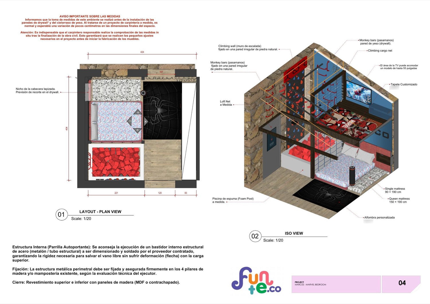 A Funte layout sheet from Marco's set: the plan view of the room dimensioned at 424 by 404 centimetres with the bed, foam pit and wardrobe positioned, an isometric cutaway of the whole room beside it with the climbing wall, cargo net, monkey bars and mattress sizes called out, and a measurement warning in red at the top.