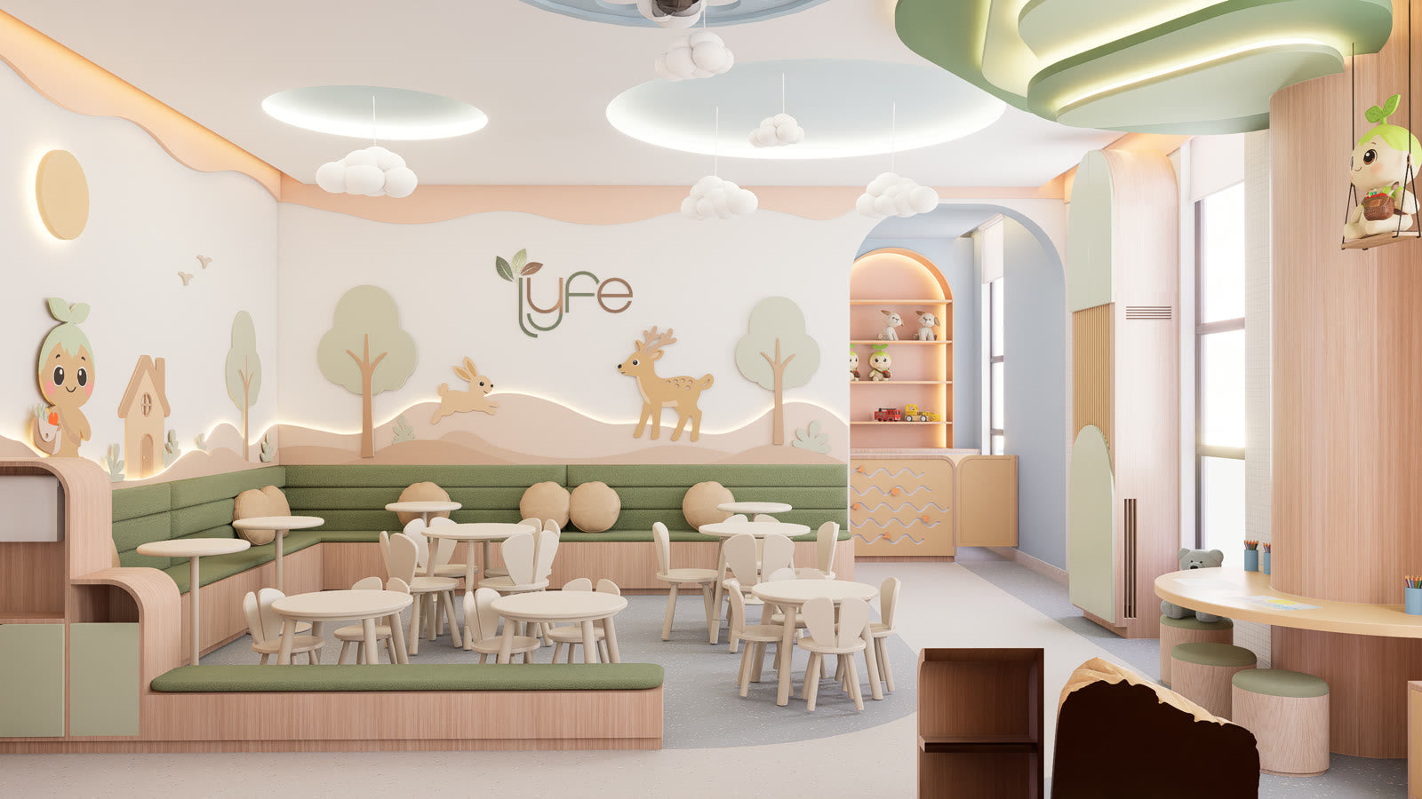 Lyfe Playhouse seen wide: the tables and banquette in the foreground, the mural wall behind them, and an arched opening beyond with shelving and a curved counter.