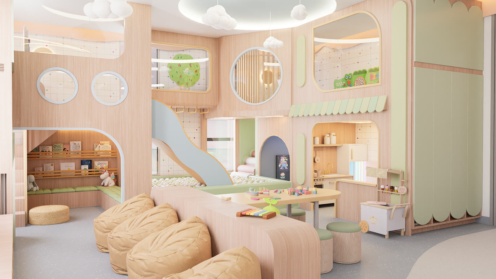 Lyfe Playhouse: a two storey play structure in pale wood, with a slide running down into a green ball pit, a reading nook of low benches and a book rail underneath, a play kitchen behind a scalloped awning, and bean bags on the floor in front.