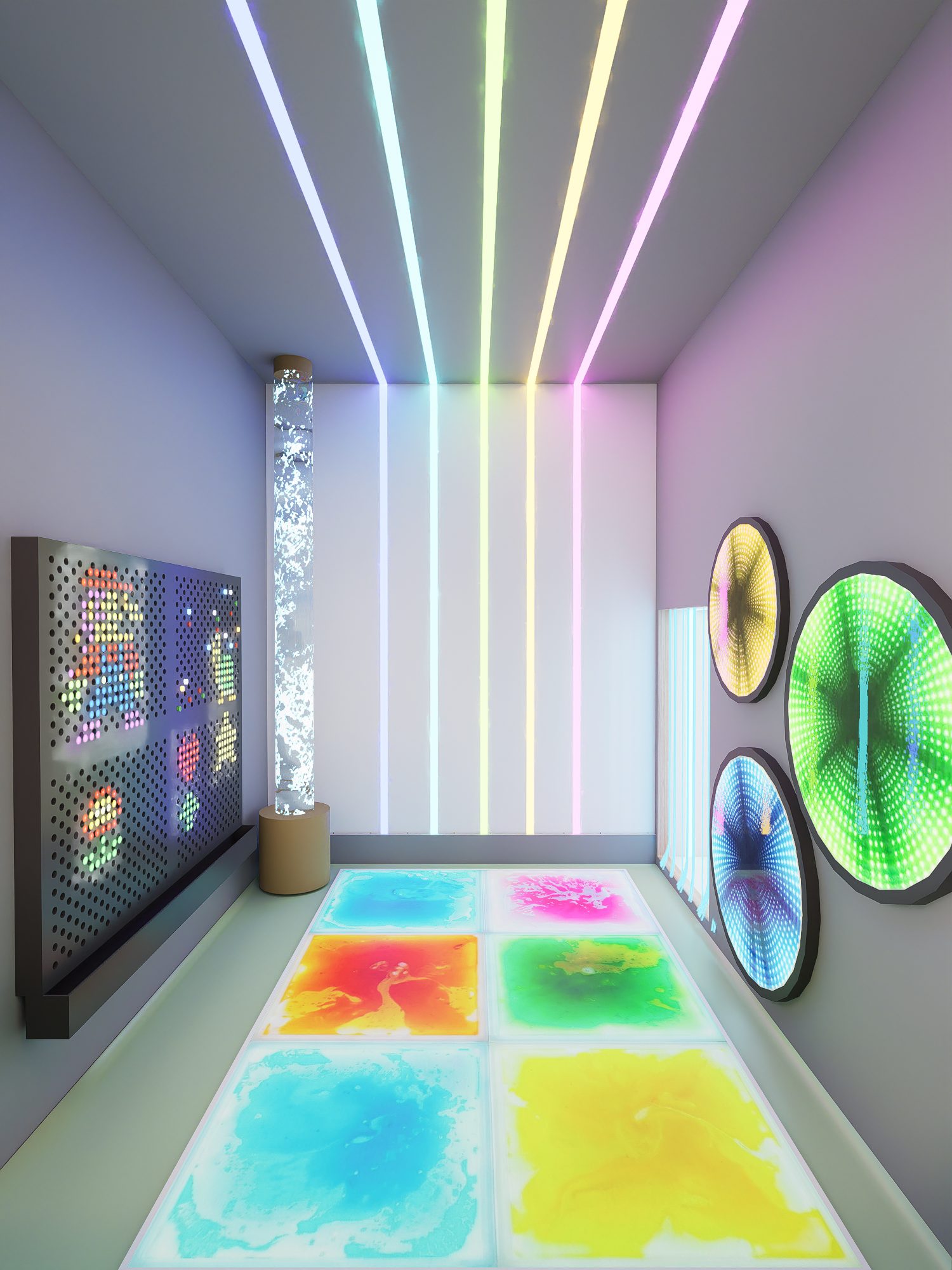 The sensory space at Lyfe Playhouse, with lit ceiling lines, a bubble tube and colour changing floor tiles