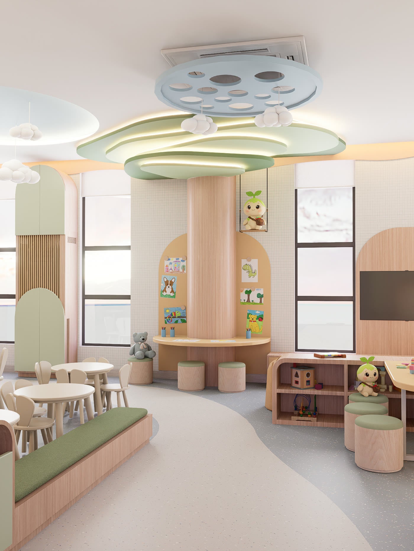 A corridor at Lyfe Playhouse with a wooden tree on a pegboard wall, its leaves cut in green, and a row of slatted timber uprights leading through to the next room.