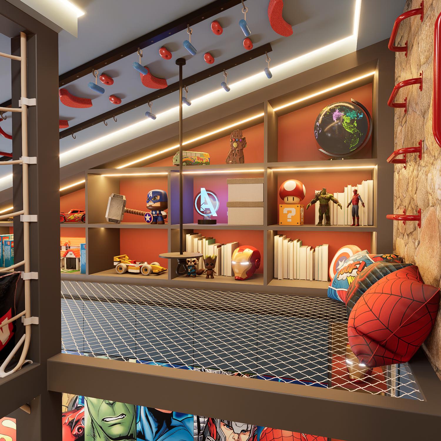 The storage wall on Marco's mezzanine, lit shelf by shelf: Captain America and Iron Man helmets, the Infinity Gauntlet, Groot and Rocket, a Mario question block, a globe, books and a Spider-Man cushion, with the climbing holds mounted on the sloped ceiling above and the safety net across the opening.