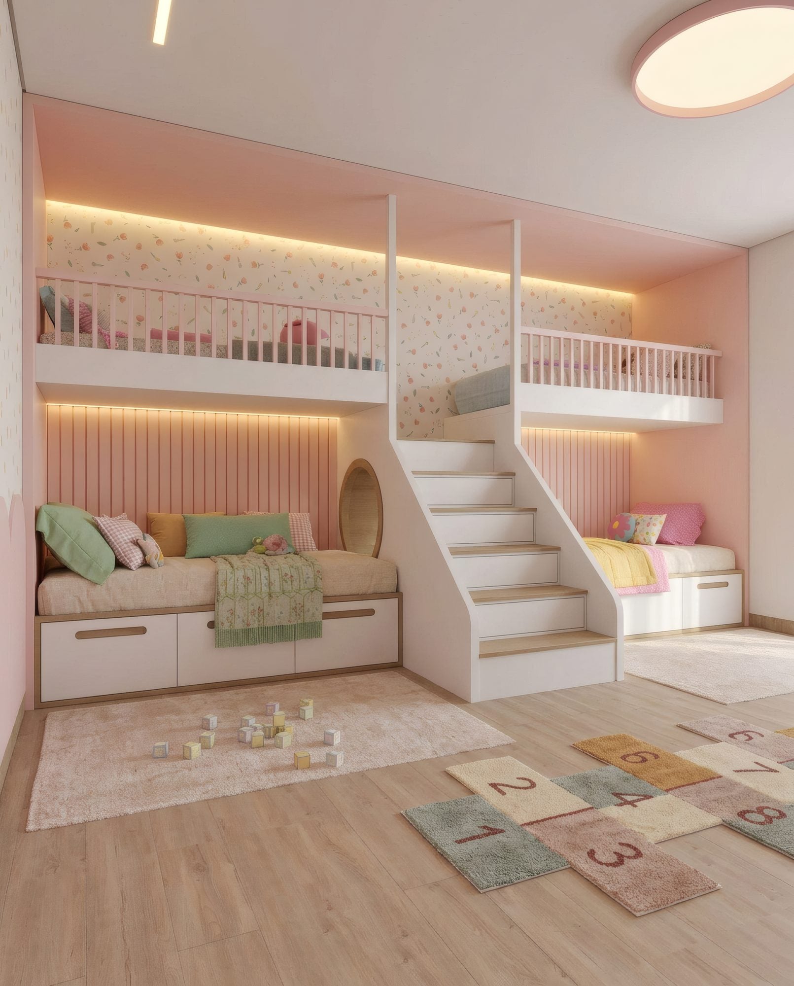 A shared room with four beds, two on a raised level and two below, with a staircase between them