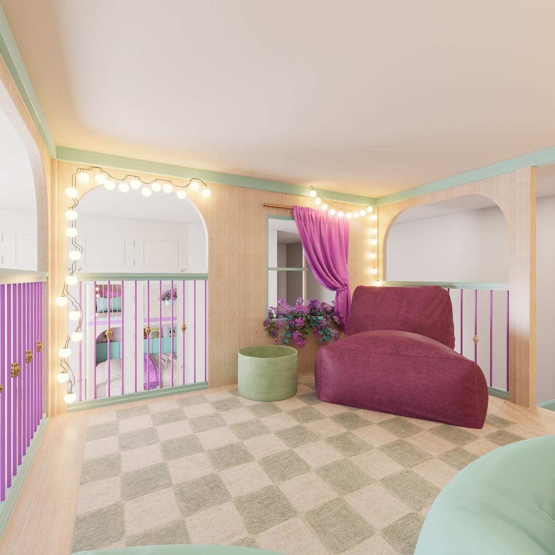 The landing of a girl's room between two arched sleeping alcoves in pale wood, with mint green trim and lilac balustrade bars, festoon bulbs looped around one arch, a plum bean chair, a woven basket and a checkerboard rug.