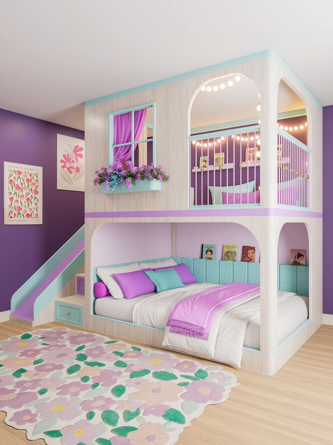 A children's bedroom Funte designed as a two storey playhouse in pale wood, mint and lilac: a slide down from the upper level, a window box of flowers under a curtained window, string lights along the balustrade, and a wide bed in the arch below with picture books lined up on a ledge.