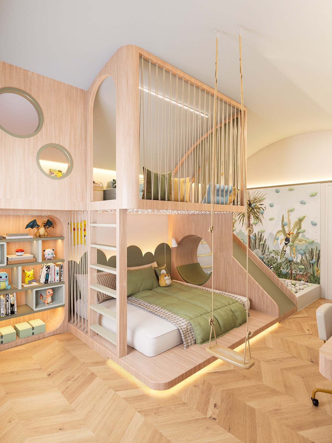Iva's room: a custom oak loft bed with a rope balustrade, a swing hanging from the ceiling, a slide down to a ball pit, a climbing wall printed with a jungle mural and lit shelving holding her Pokemon collection.