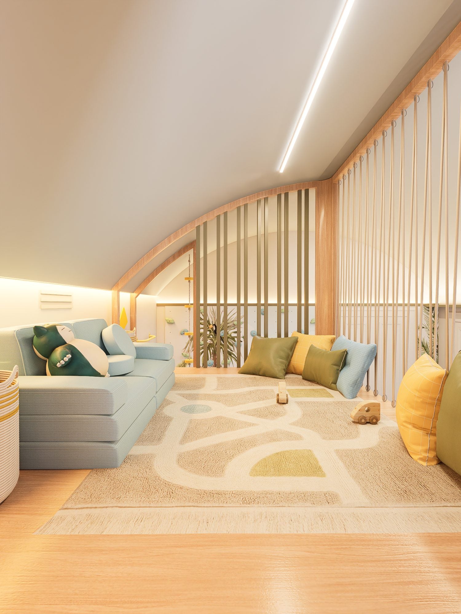 A sitting area in Iva's room with a modular sofa and a curved slatted screen