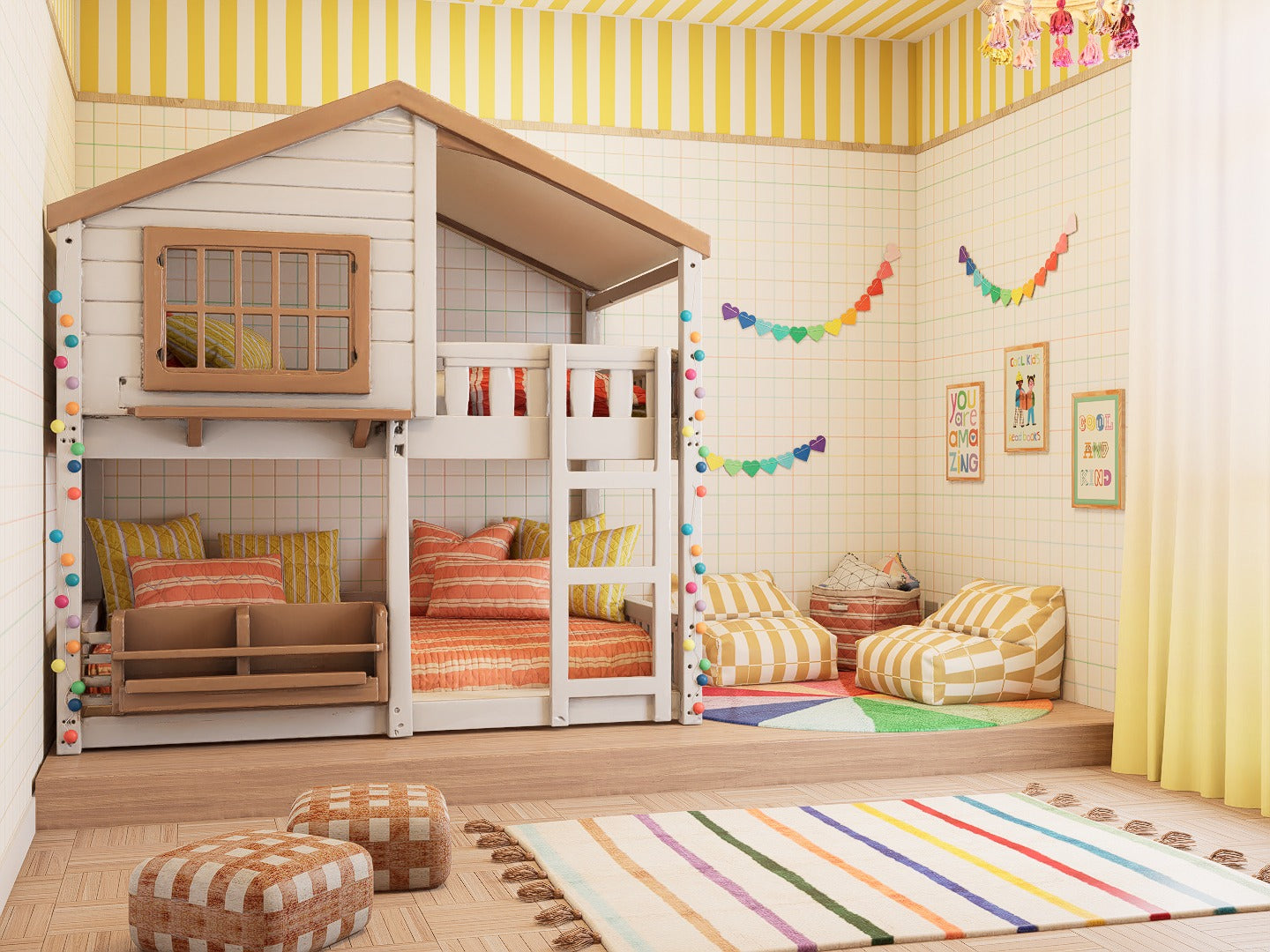 A Funte bedroom for two: a white playhouse bunk with a pitched roof and a shuttered window, striped bedding, a yellow striped wall above a soft grid pattern, rainbow bunting and a reading corner with floor cushions on a rainbow rug.